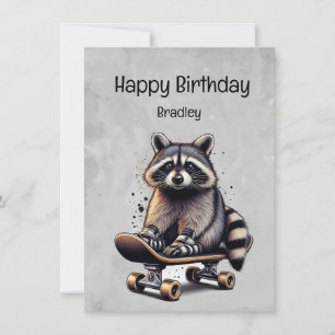 Cute Skateboarding Raccoon Roligt Animal Birday Kort