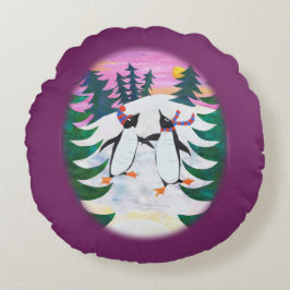 Cute Skating Penguins Roligt Round Pillow- i Snö Rund Kudde