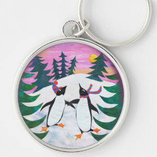 Cute Skating Penguins Round Keychain i Snö-scenen Rund Silverfärgad Nyckelring