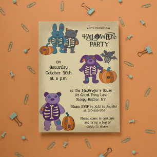 Cute Skeleton Animals och Pumpkins Halloween fest Inbjudningar