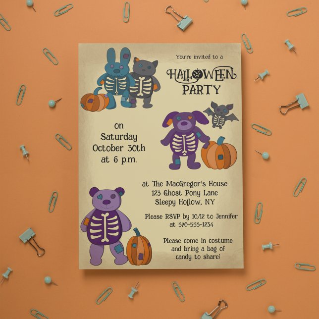 Cute Skeleton Animals och Pumpkins Halloween fest Inbjudningar (Skapare uppladdad)