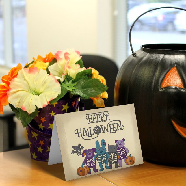 Cute Skeleton Animals och Pumpkins Halloween Kort (Skapare uppladdad)
