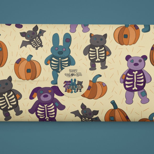Cute Skeleton Animals och Pumpkins Halloween Presentpapper (Skapare uppladdad)
