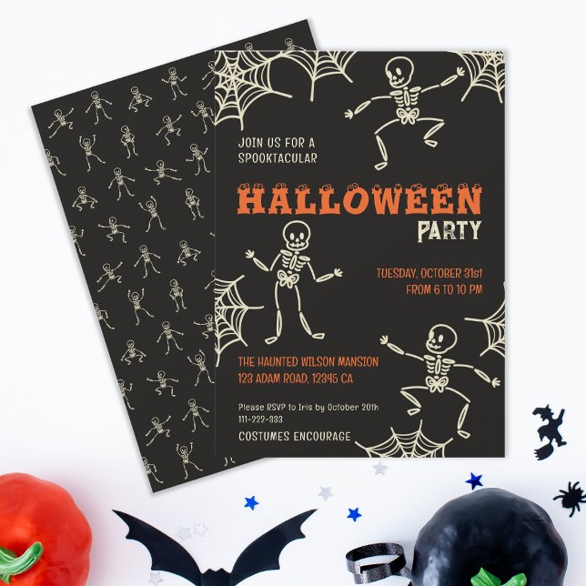 Cute Skeleton Black Halloween fest Inbjudningar (Invite all skeleton crew, boys or girls to a spooktacular Halloween party that's frightfully fun.)