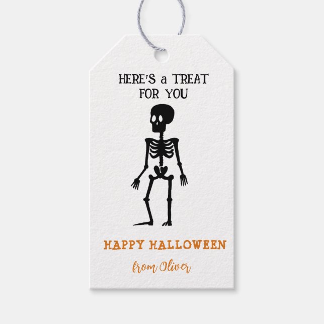 Cute skeleton Black & White Treats Halloween Presentetikett (Framsidan)