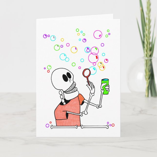 Cute Skeleton Bubbles in Vind Kort (Framsida)