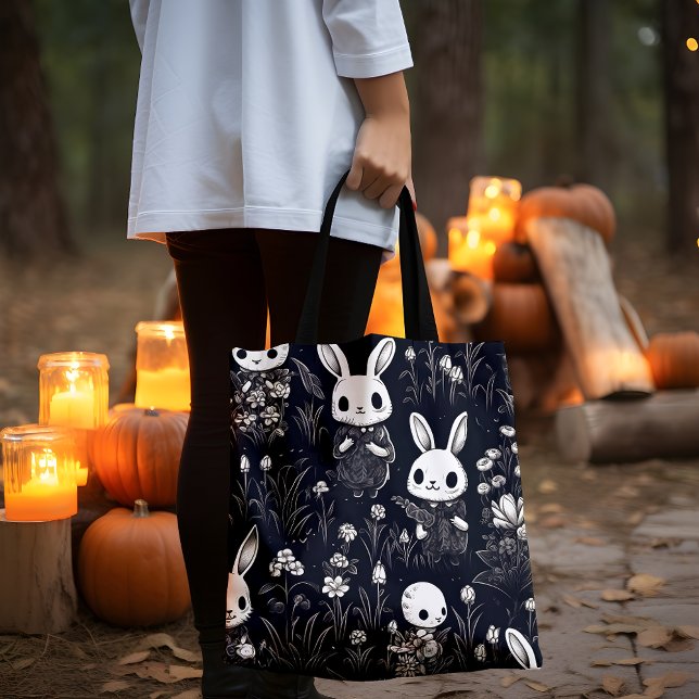 Cute Skeleton Bunnies Halloween Tygkasse (Lady holding a black and white Skeleton Bunnies  tote bag with pumpkins and candles.)