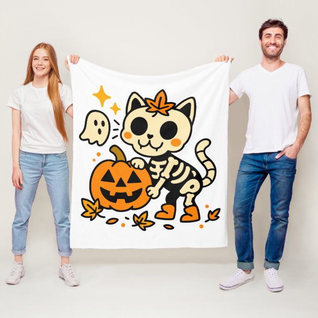Cute Skeleton Cat with Pumpkin Fleece Blanket (På plats)