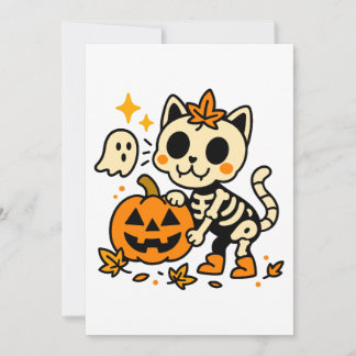 Cute Skeleton Cat with Pumpkin Invitation Inbjudningar