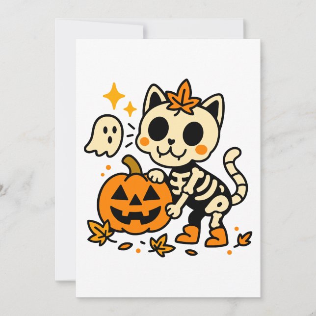 Cute Skeleton Cat with Pumpkin Invitation Inbjudningar (Framsida)