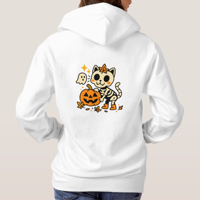 Cute Skeleton Cat with Pumpkin T-Shirt (Baksida)