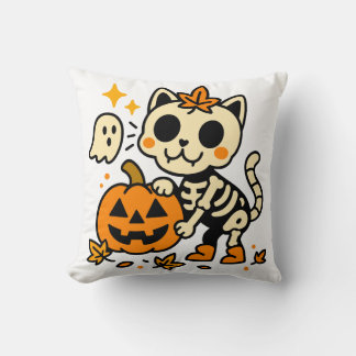 Cute Skeleton Cat with Pumpkin Throw Pillow Kudde