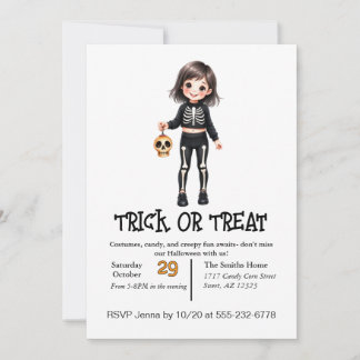 Cute Skeleton Child on Halloween in Costume Inbjudningar