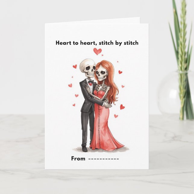 Cute Skeleton Couple Stitched Heart Valentine Card Kort (Framsida)
