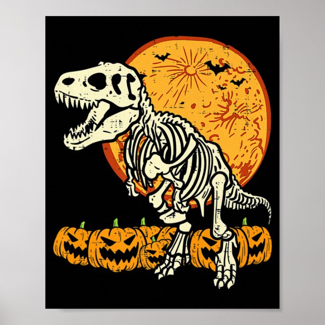 Cute Skeleton Dinosaur Trex Dino Pumpkins Måne Boy Poster (Framsidan)