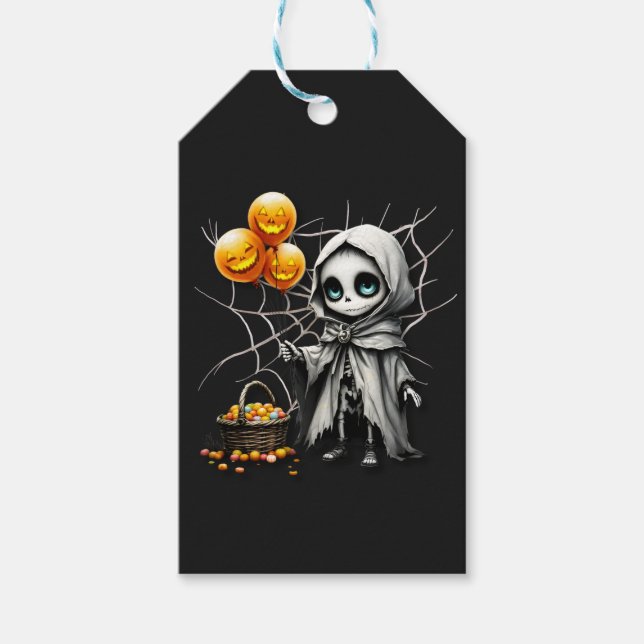 Cute Skeleton Girl with Pumpkin Balloons  Presentetikett (Framsidan)