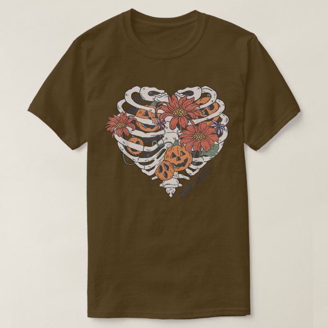 Cute Skeleton Heart Rib Flower Pumpkin Spooky Hall T Shirt (Design framsida)