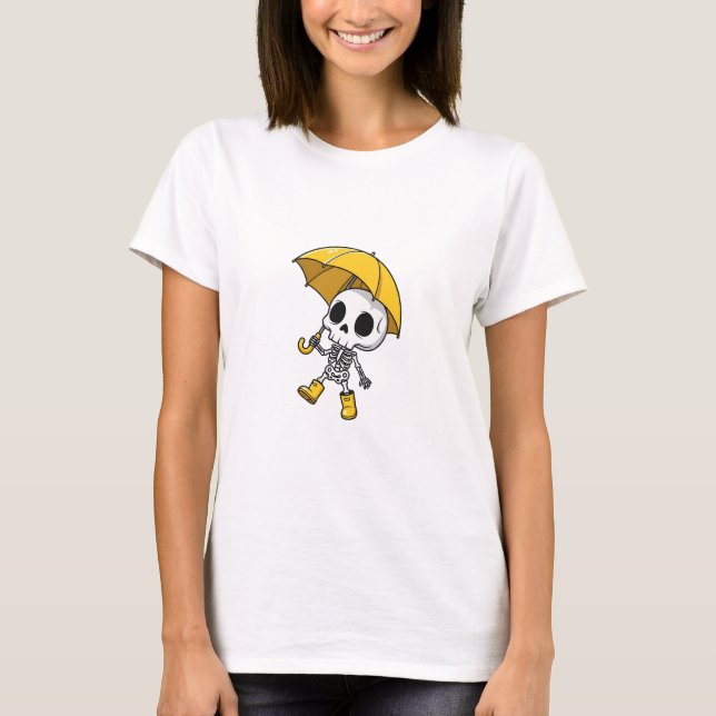 Cute Skeleton Holding Yellow Umbrella Wearing Rain T Shirt (Framsida)