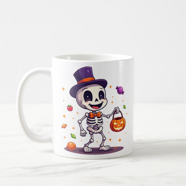 Cute Skeleton With Candy Halloween Mug Kaffemugg (Vänster)