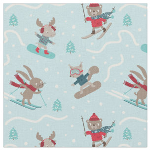 Cute Skiing and Snowboarding Animals on light blue Tyg