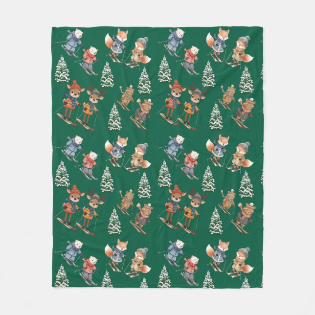 Cute Skiing Animals Fleece Blanket (Framsidan)
