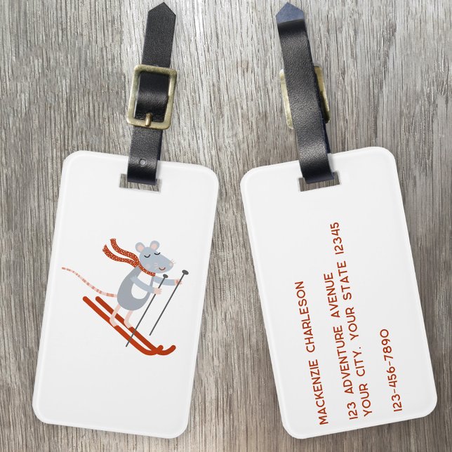Cute Skiing-mus Bagagebricka (Skiing Mouse fun cute quirky personalized luggage tags)