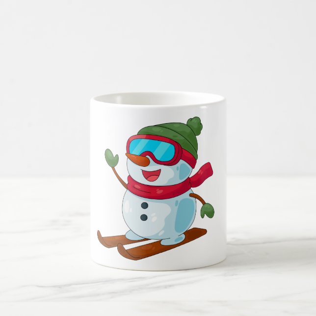 Cute Skiing Snowman Illustration Magisk Mugg (Center)