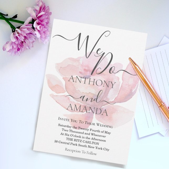 Cute-skript, vattenfärgsöverlägg för ro inbjudningar (Elegant script watercolor wedding invitation)