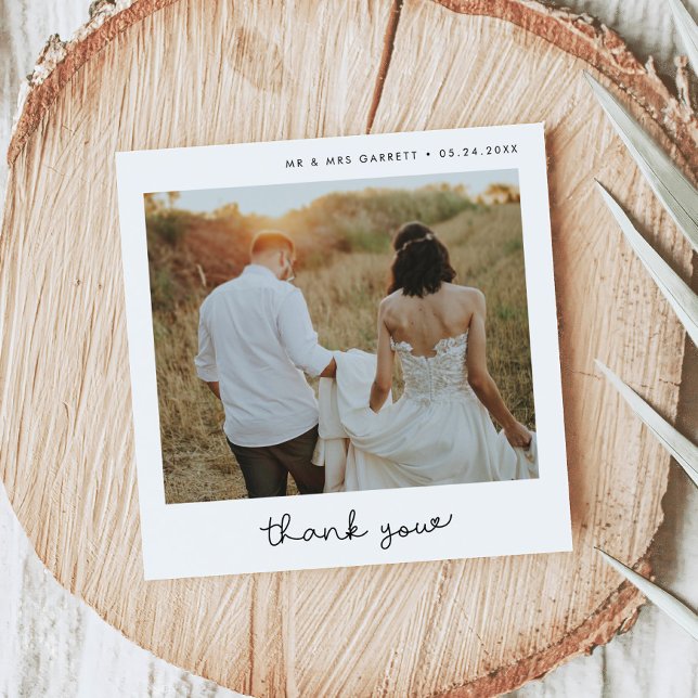 Cute-skriptet bröllop kvadrat - tackkort meddelande (square wedding thank you photo card)