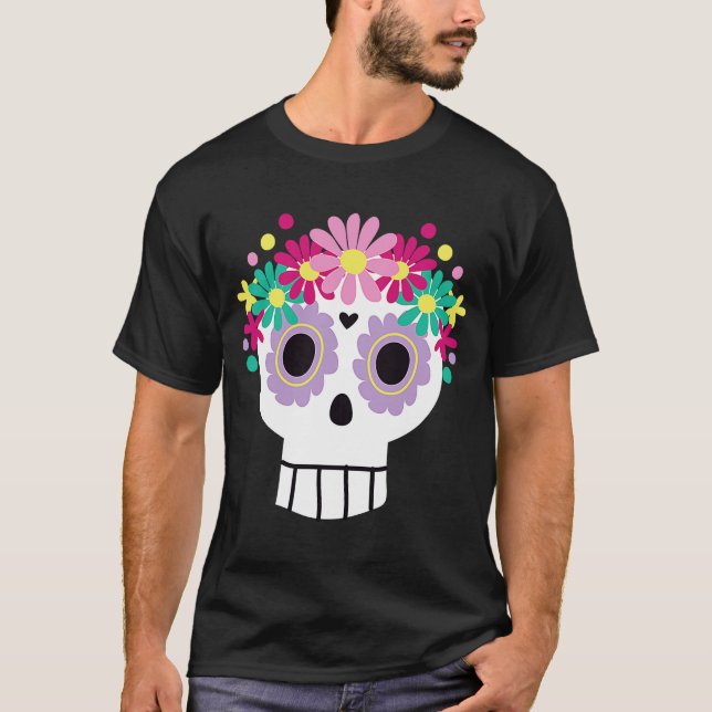 Cute Skull med blommor, Mexiko Helgdag på T Shirt (Framsida)