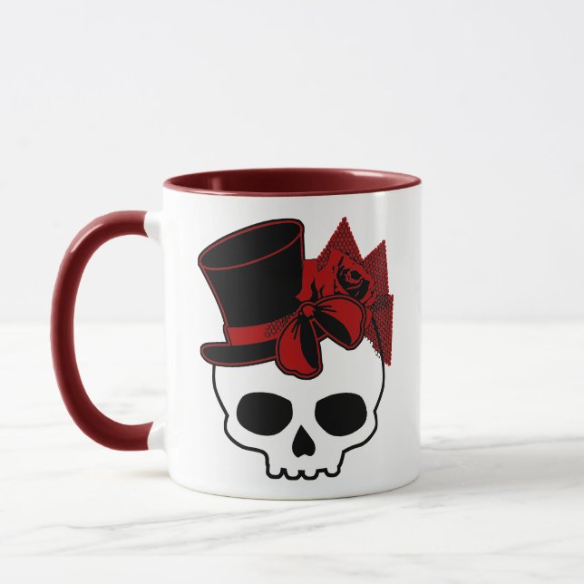 Cute Skull med röd bin Top hat Ro Mugg (Vänster)