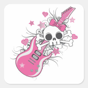 Cute Skull med Rosa Guitar Fyrkantigt Klistermärke