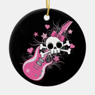 Cute Skull med Rosa Guitar Julgransprydnad Keramik
