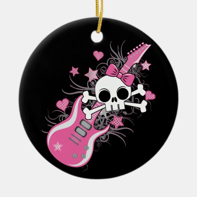 Cute Skull med Rosa Guitar Julgransprydnad Keramik (Framsidan)