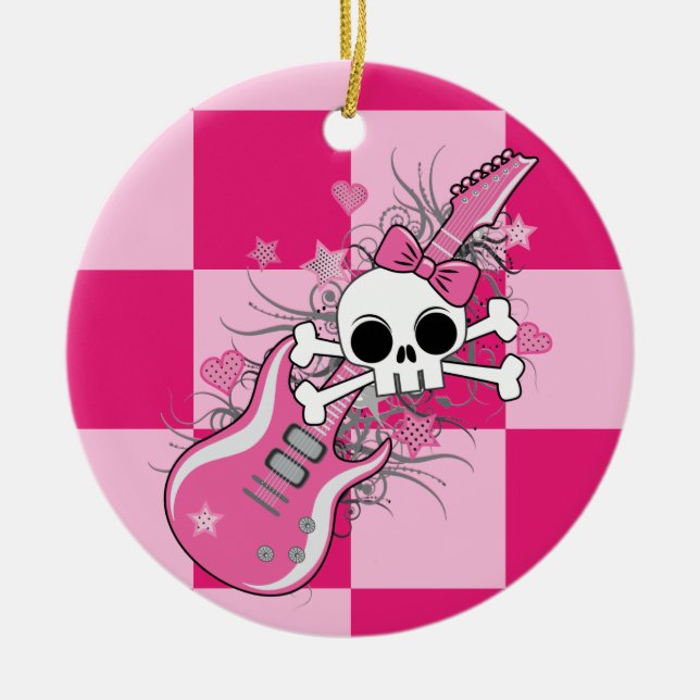 Cute Skull med Rosa Guitar Julgransprydnad Keramik (Framsidan)