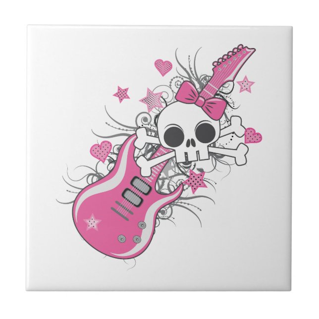 Cute Skull med Rosa Guitar Kakelplatta (Framsidan)