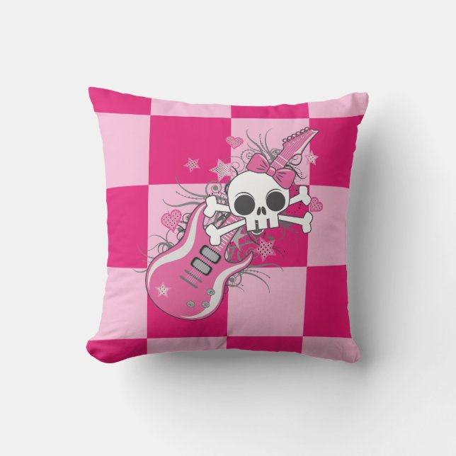 Cute Skull med Rosa Guitar Kudde (Framsida)