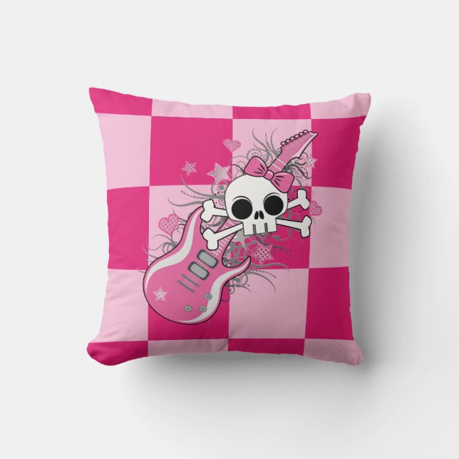 Cute Skull med Rosa Guitar Kudde (Framsida)
