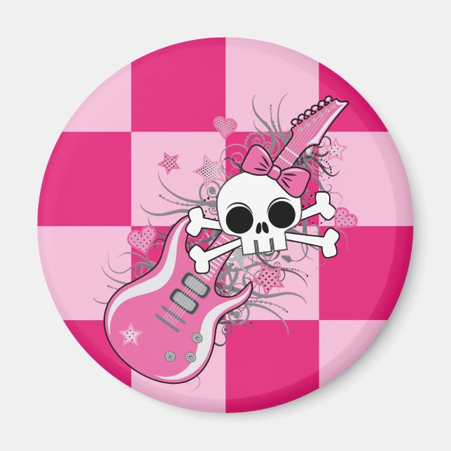 Cute Skull med Rosa Guitar Magnet (Framsidan)
