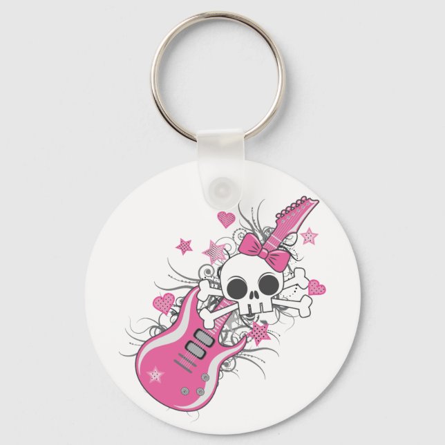 Cute Skull med Rosa Guitar Nyckelring (Framsida)