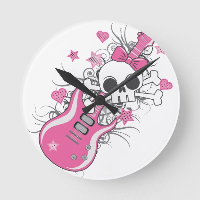 Cute Skull med Rosa Guitar Rund Klocka (Framsida)