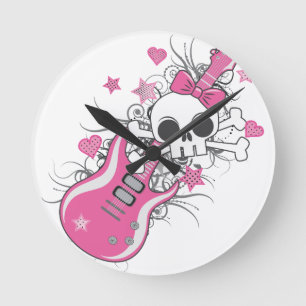 Cute Skull med Rosa Guitar Rund Klocka