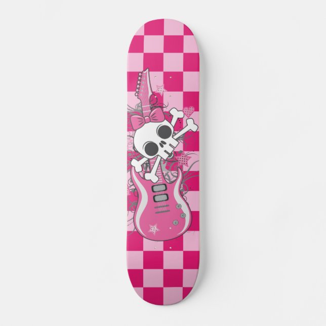 Cute Skull med Rosa Guitar Skateboard Bräda 20,5 Cm (Framsida)