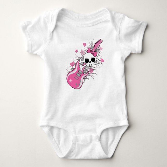 Cute Skull med Rosa Guitar T-shirt (Framsida)