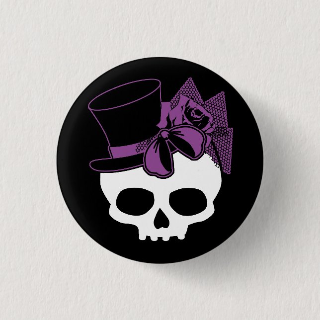 Cute Skull med Top hat Lila Ro Bow-knapp Knapp (Framsida)