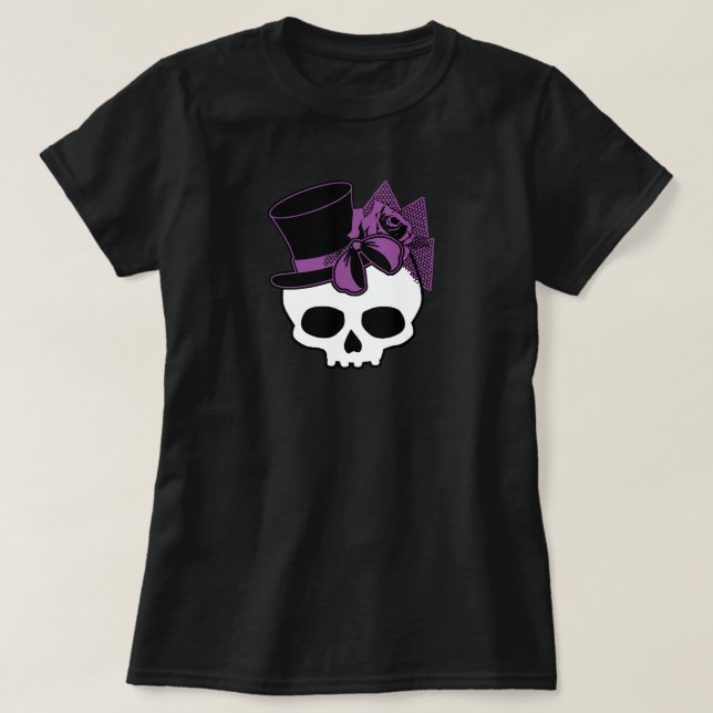 Cute Skull med Top hat Lila Ro Bow T Shirt (Design framsida)