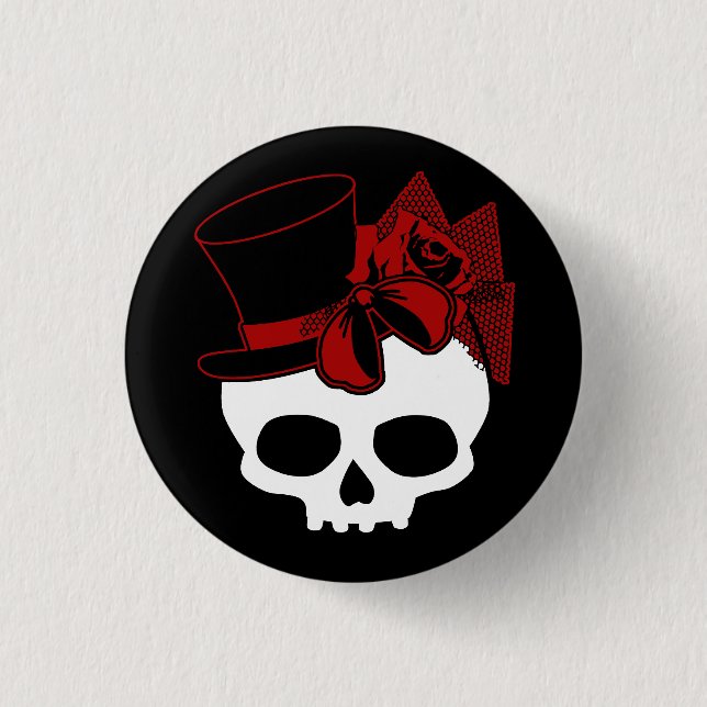 Cute Skull med Top hat Ro Red Bow-knapp Knapp (Framsida)