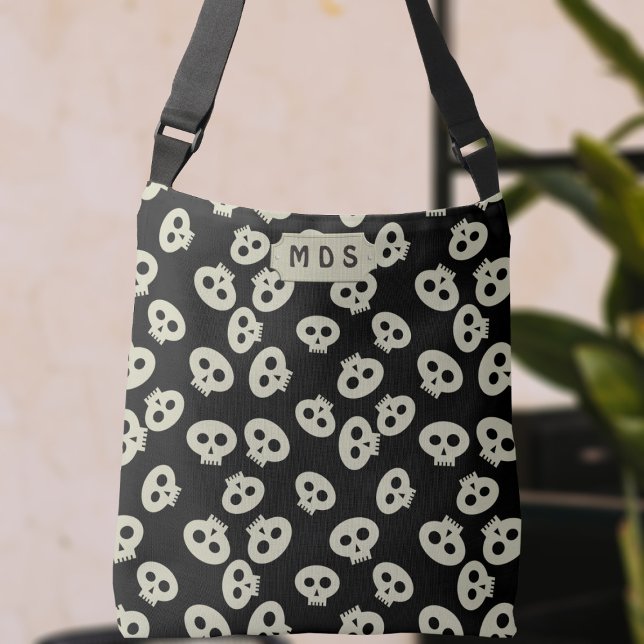 Cute Skull Mönster tryckt på korsbrödtext i korsbl Axelväska (Go ahead and add your initials to this adorable crossbody bag with a skull pattern!)