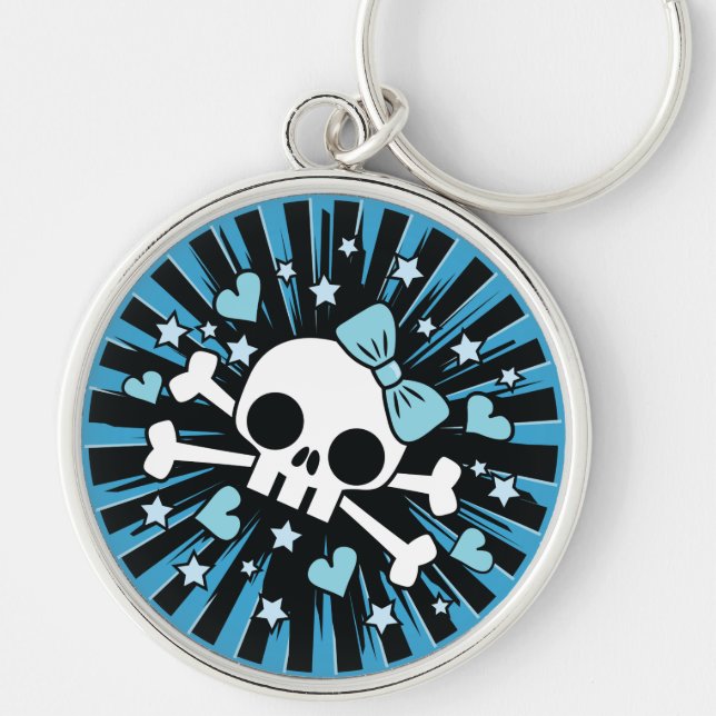 Cute Skull och Crossbone - Blue Rund Silverfärgad Nyckelring (Framsidan)