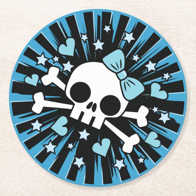 Cute Skull och Crossbone - Blue Underlägg Papper Rund (Framsidan)
